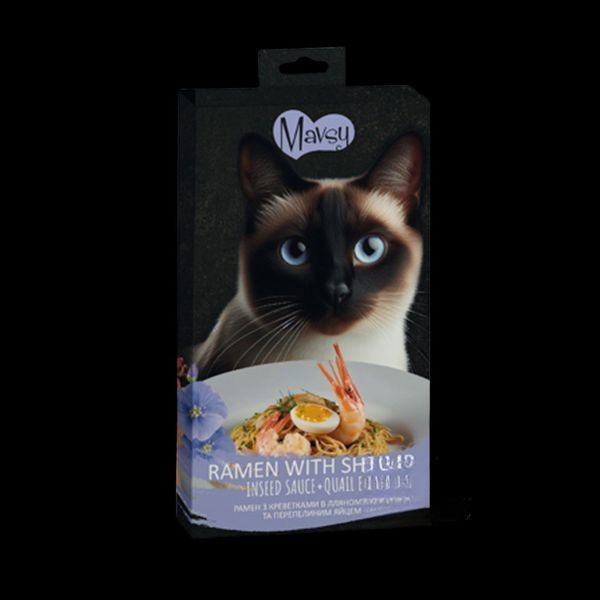 Ласощі кремові для котів Mavsy Creamy superfood RAMEN WITH SHRIMP IN LINSEED SAUCE AND QUAIL EGG у вигляді рамену з креветками в лляному соусі та перепелиним яйцем, 15 г (5 шт)