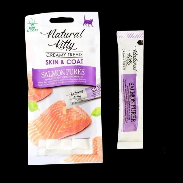 Natural Kitty Fuctional Creamy Treat Salmon Puree Skin & Coat - кремові ласощі для шкіри та шерсті котів (пюре з лосося) - 12 г/4 стіки