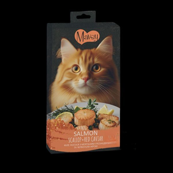 Ласощі кремові для котів Mavsy Creamy superfood SALMON WITH SCALLOP AND RED CAVIAR FOR CATS у вигляді кремоподібного пюре філе лосося з морським гребінцем та червоною ікрою, 15 г (5 шт)