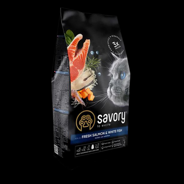 Сухий корм Savory для довгошерстих котів зі свіжим лососем і білою рибою 8кг