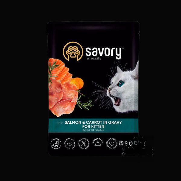 Savory для кошенят, лосось із морквою у соусі, пауч, 85 г